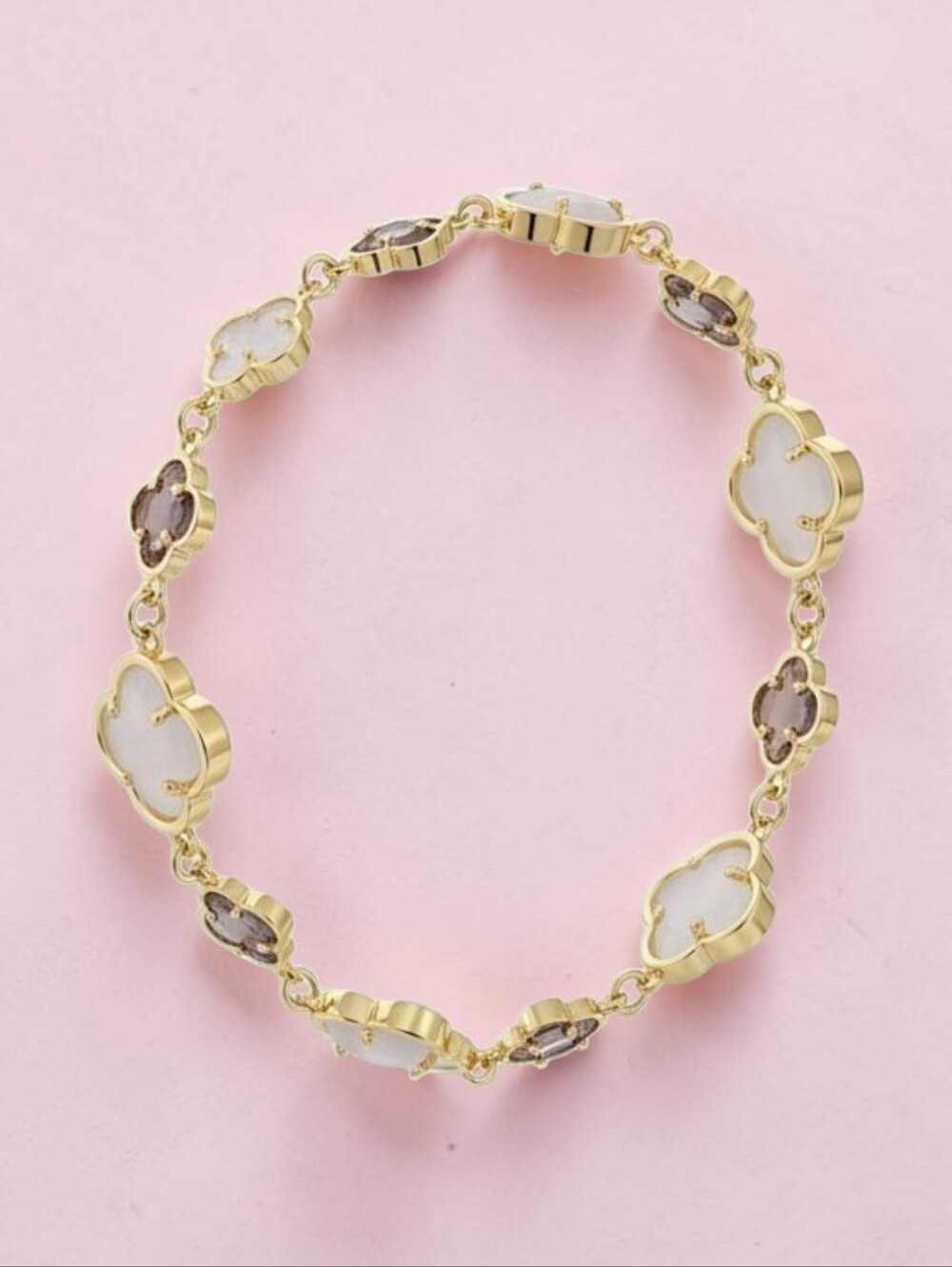 EYE CANDY NWB Gold Clover-Link Bracelet with White and Light Rosev QUARTS . - Picture 2 of 4